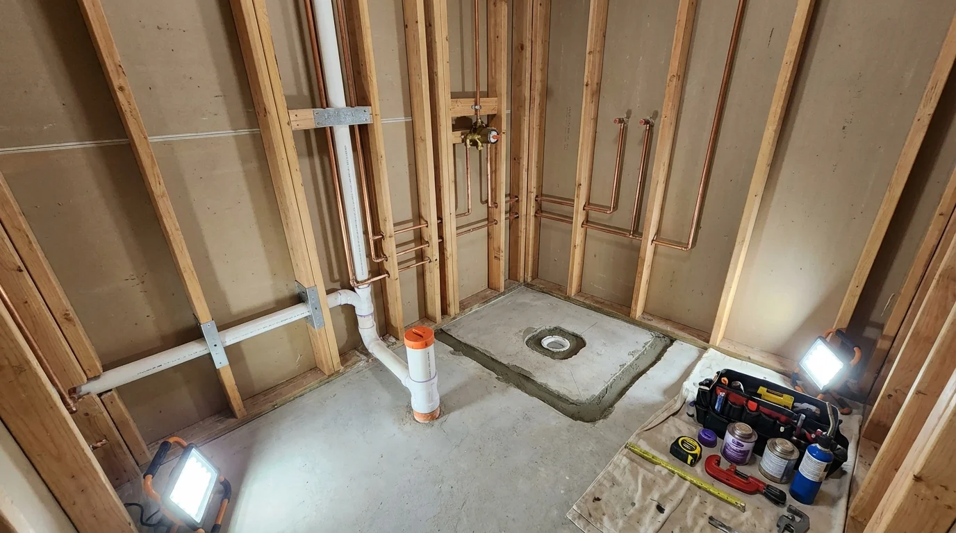 Bathroom rough-in plumbing during remodel by Johns Plumbing LLC in New Waverly