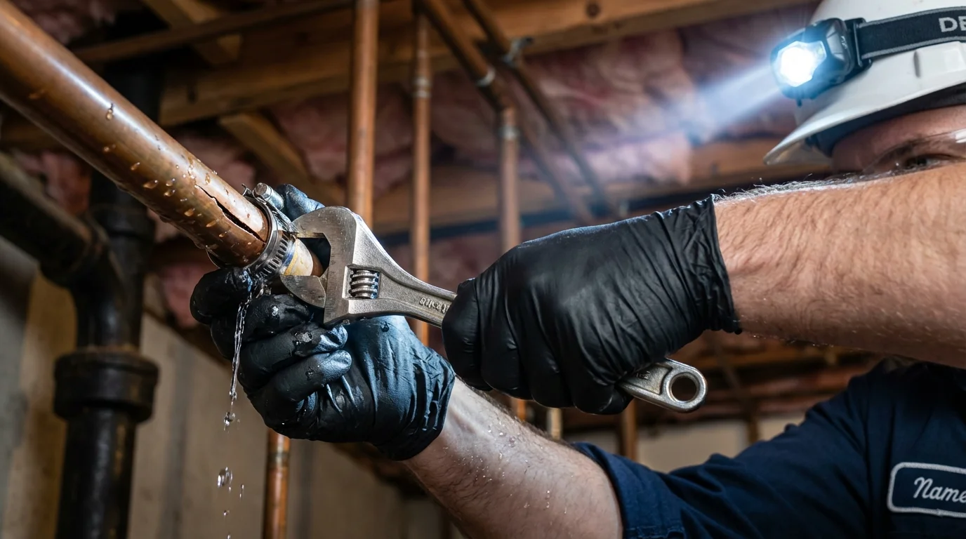 Emergency pipe clamp repair being performed by a Johns Plumbing LLC plumber in New Waverly