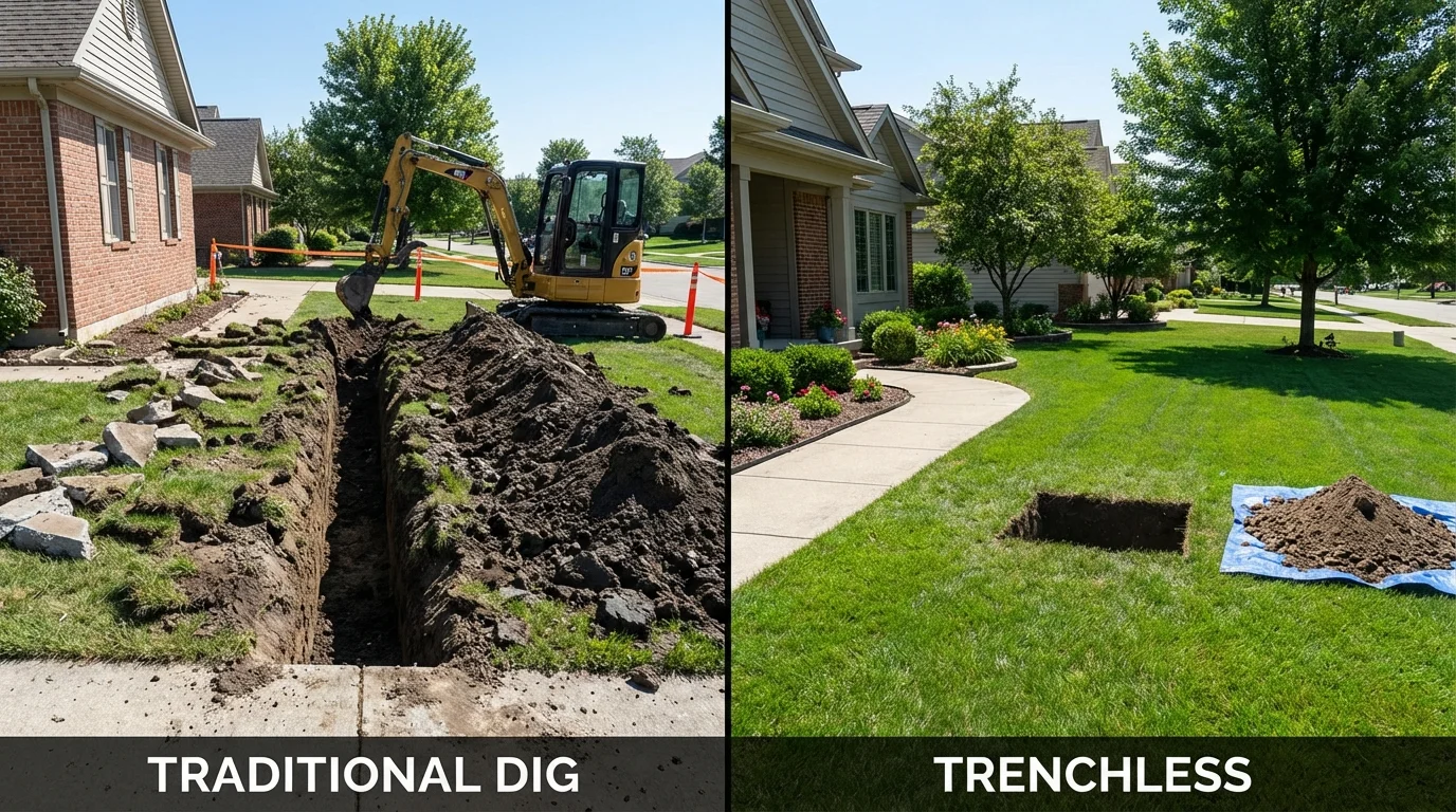 Trenchless sewer repair with minimal yard damage versus traditional excavation in New Waverly, TX