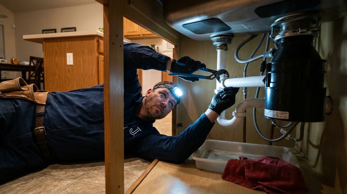 P-trap and supply line connections under a kitchen sink showing a common leak point in New Waverly, TX